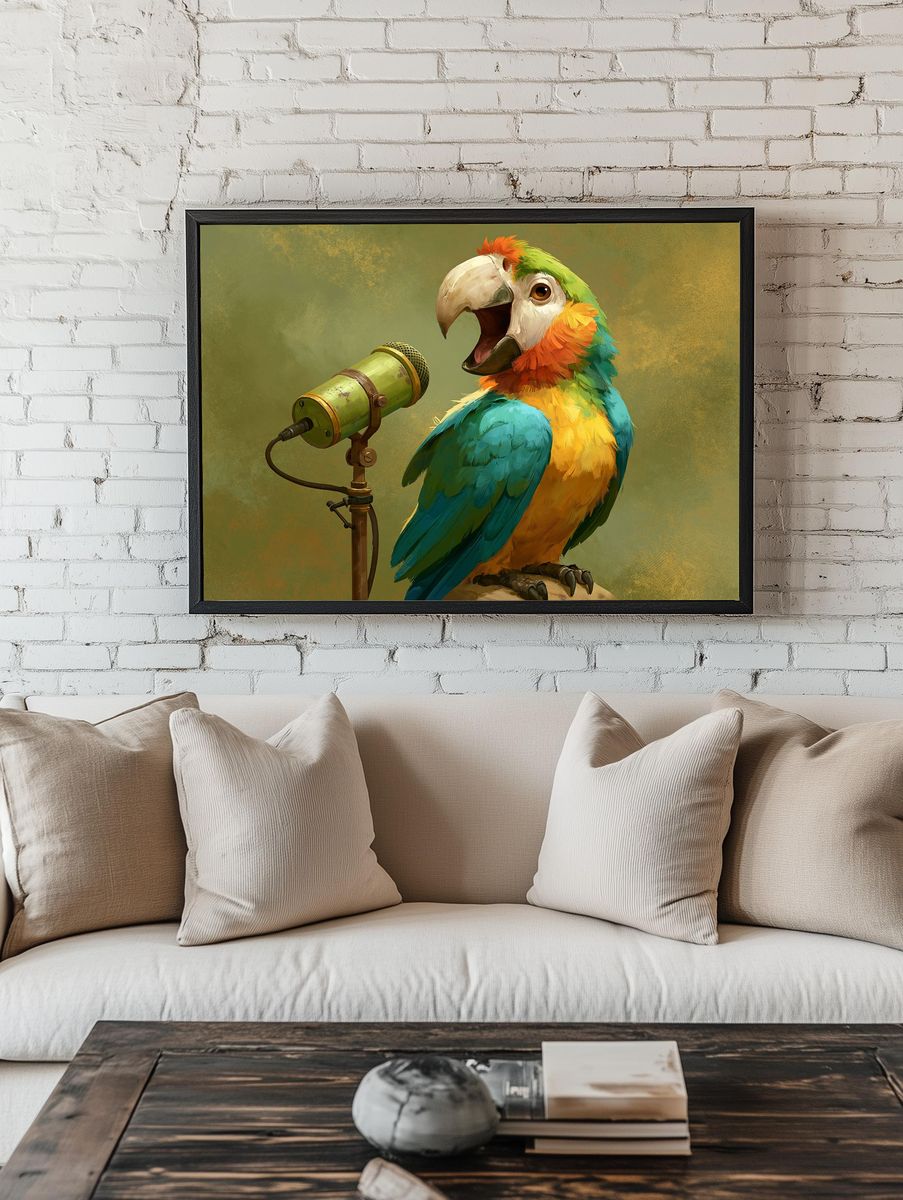 Colorful Parrot Singer Illustration Poster. — room view 1