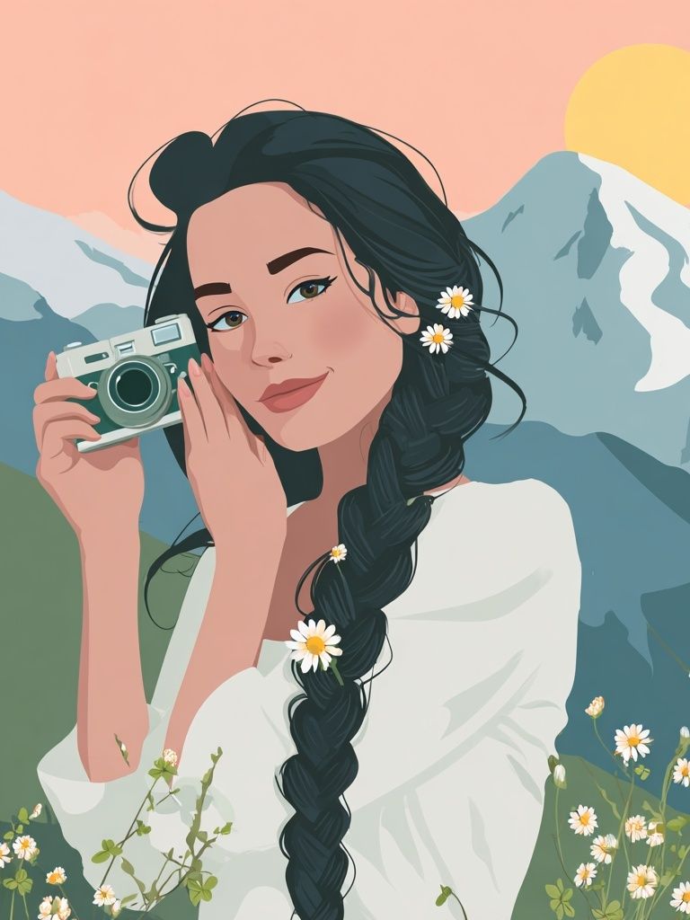 Mountain Girl with Camera Illustration Poster. poster — illustration art