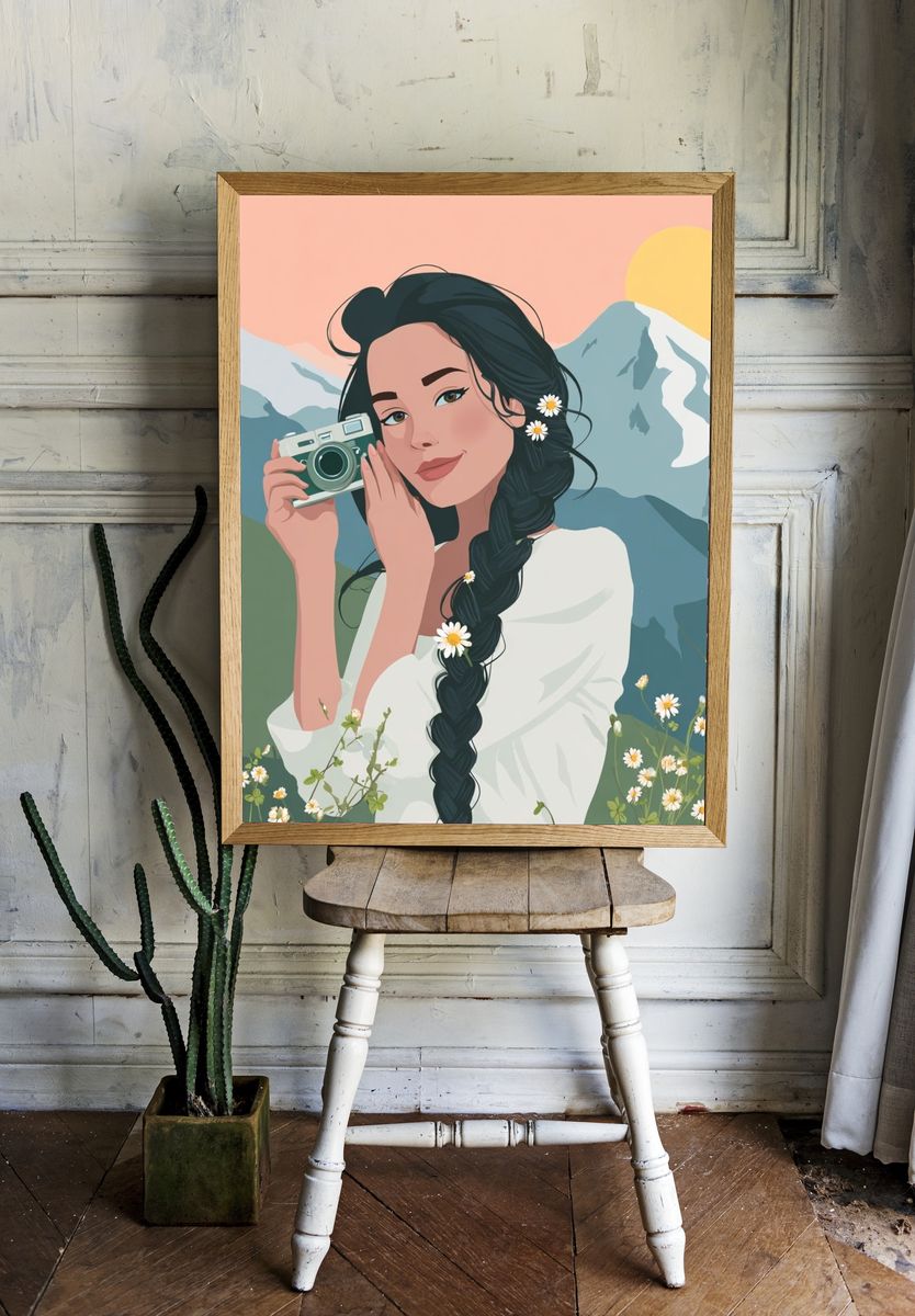 Mountain Girl with Camera Illustration Poster. room preview