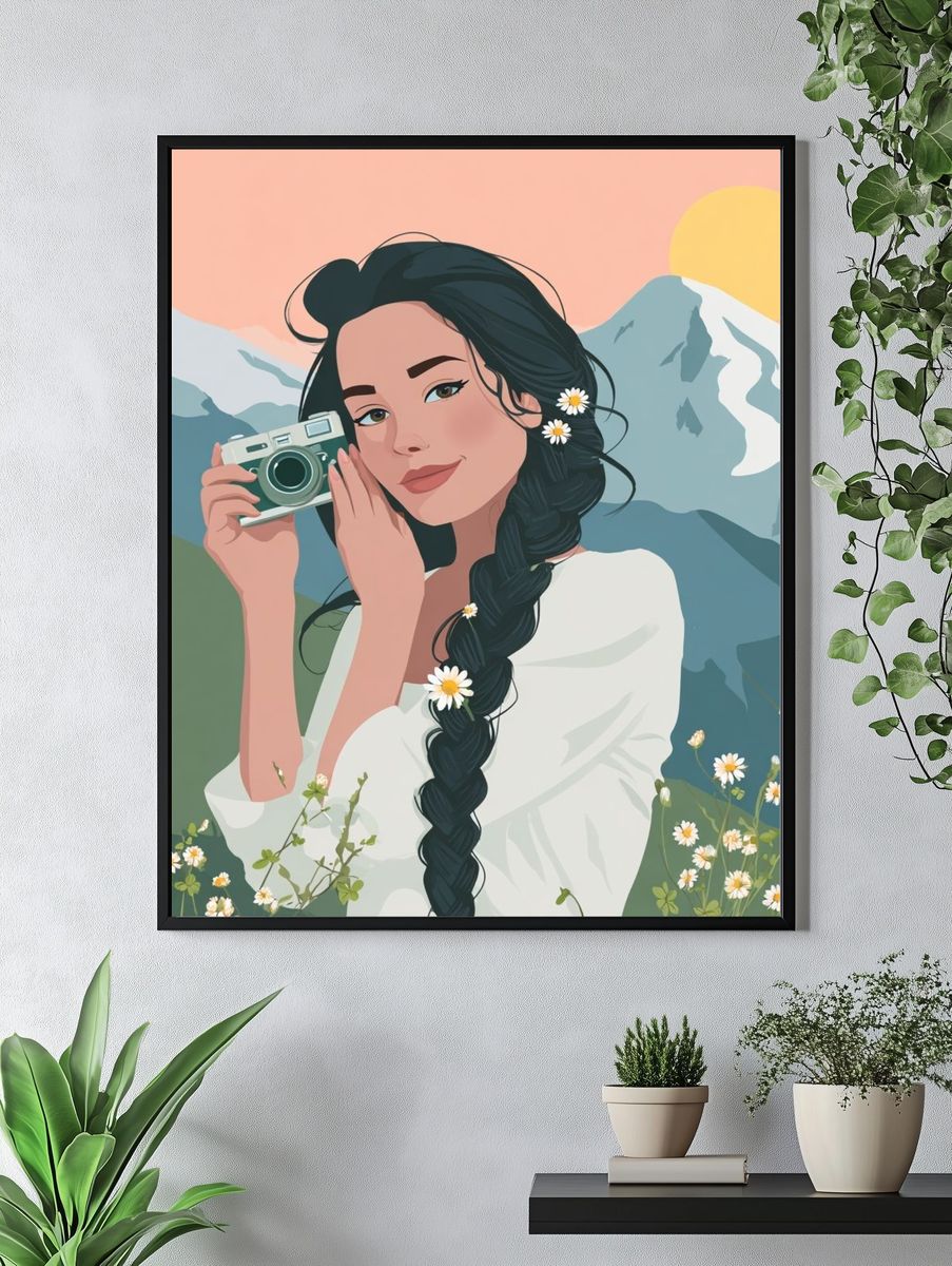Mountain Girl with Camera Illustration Poster. — room view 4