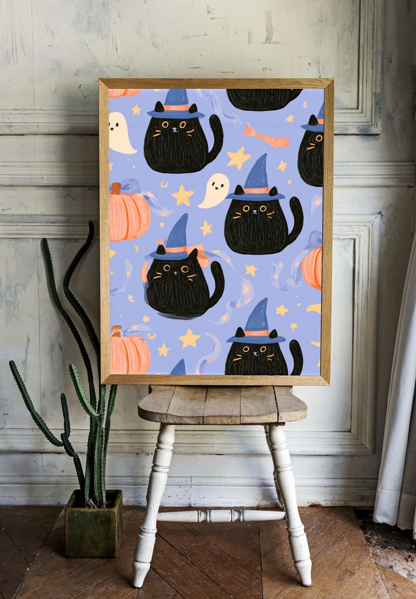 Halloween Cats and Pumpkins Illustration Poster. — room view 1