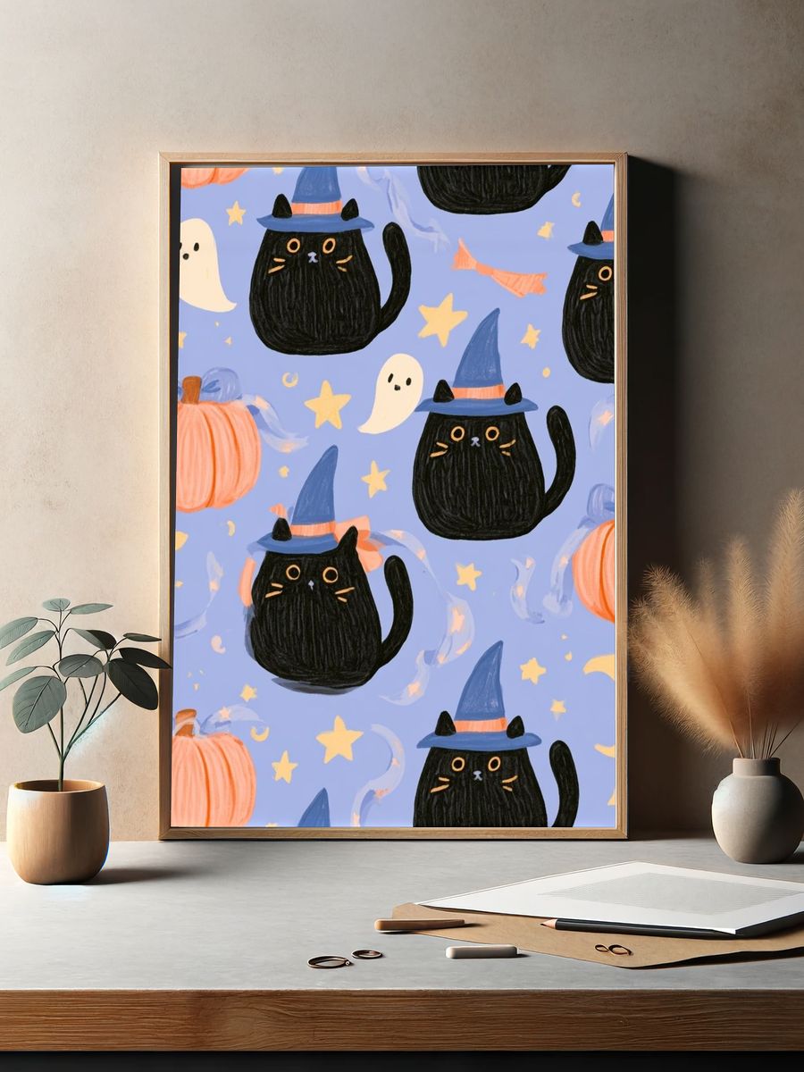Halloween Cats and Pumpkins Illustration Poster. — room view 2