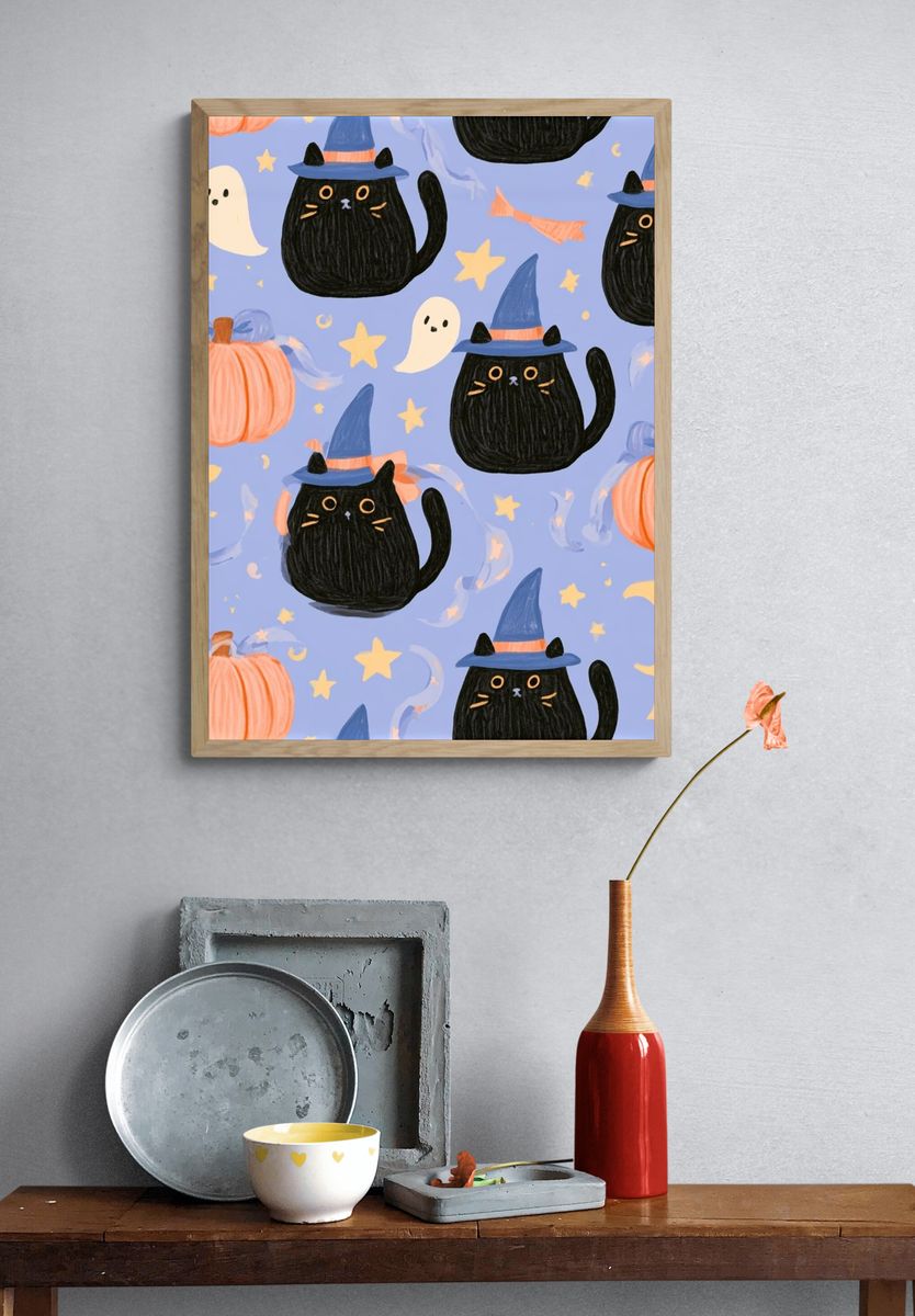 Halloween Cats and Pumpkins Illustration Poster. — room view 3