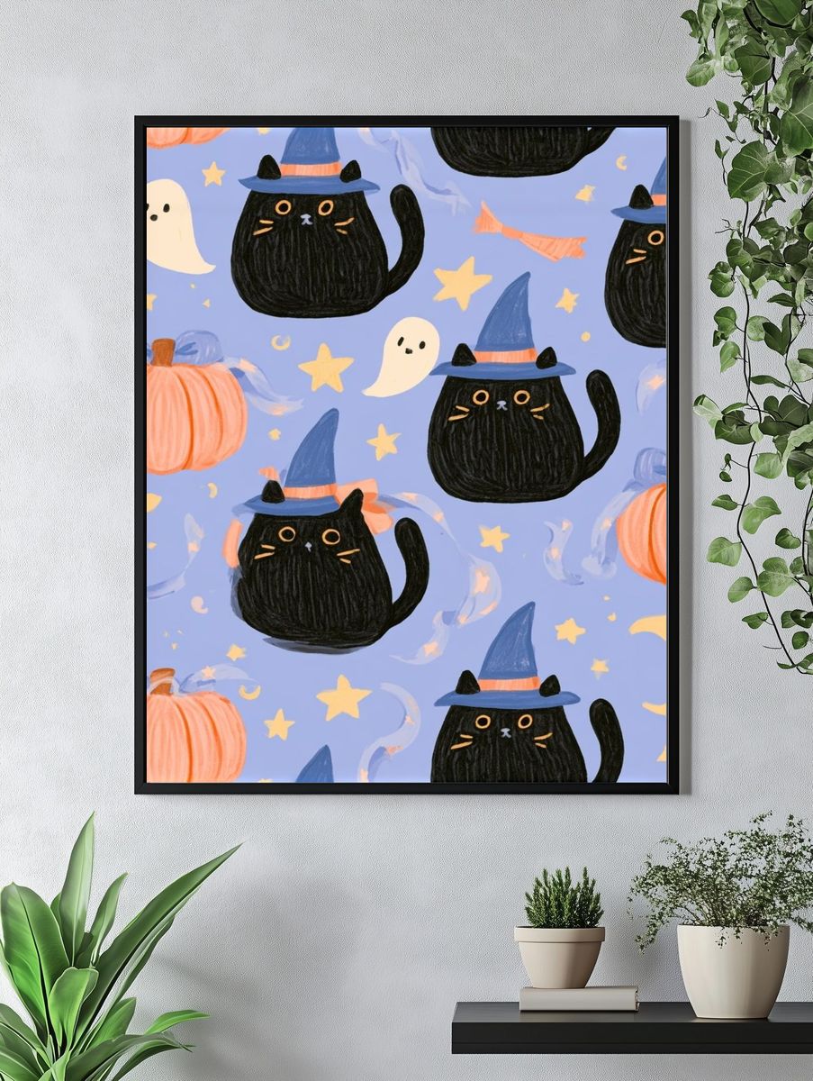 Halloween Cats and Pumpkins Illustration Poster. — room view 4