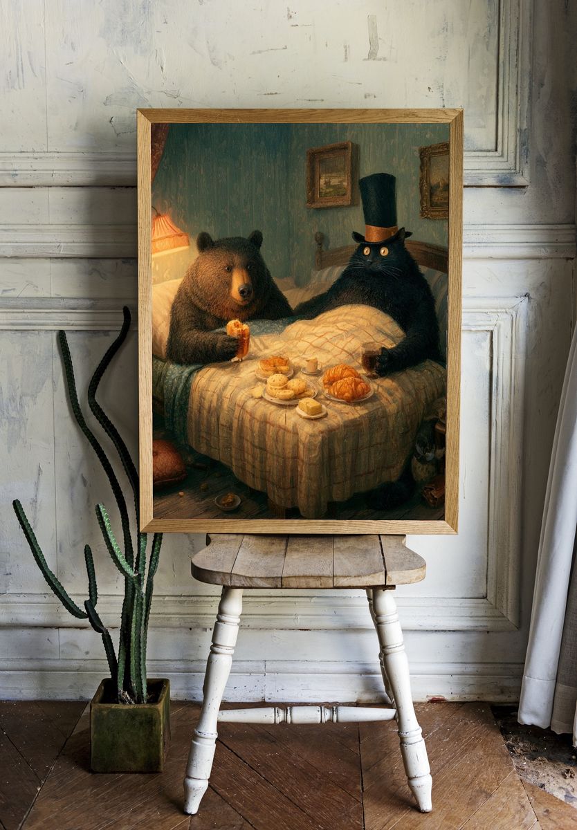 Bear and Cat Breakfast — Illustration Print. room preview