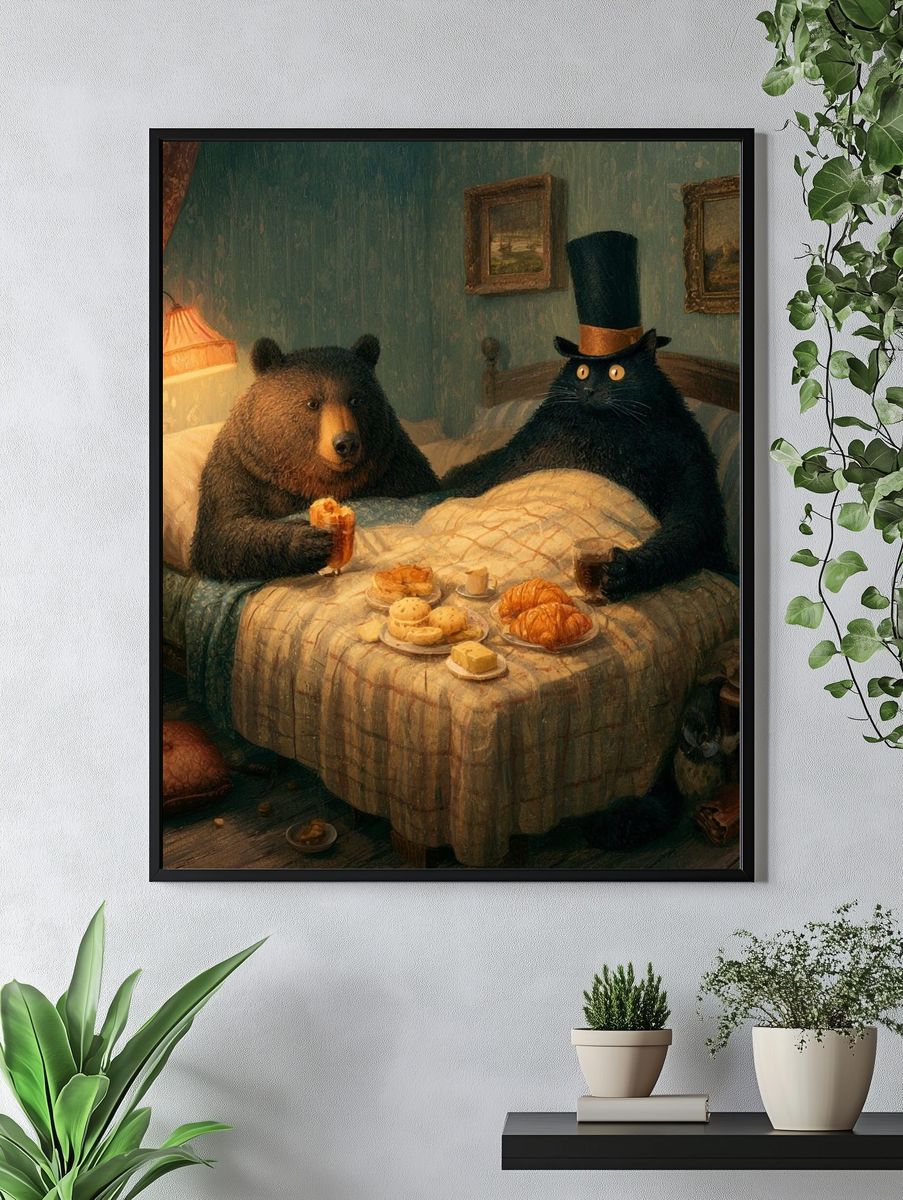 Bear and Cat Breakfast — Illustration Print. — room view 4
