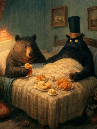 Bear and Cat Breakfast — Illustration Print. poster print