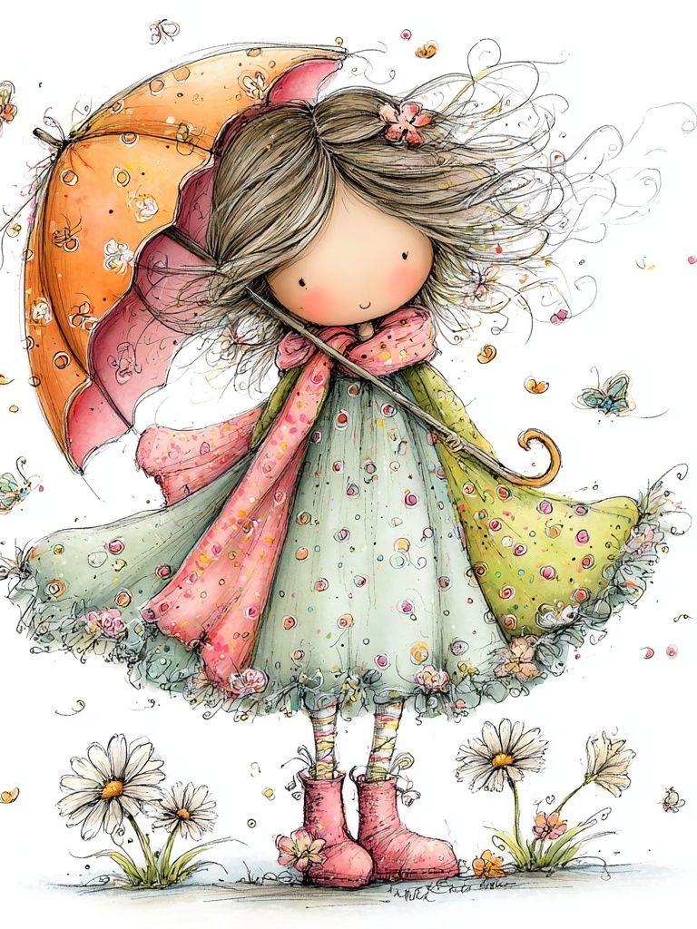 Whimsical Girl with Umbrella Print. poster — illustration art