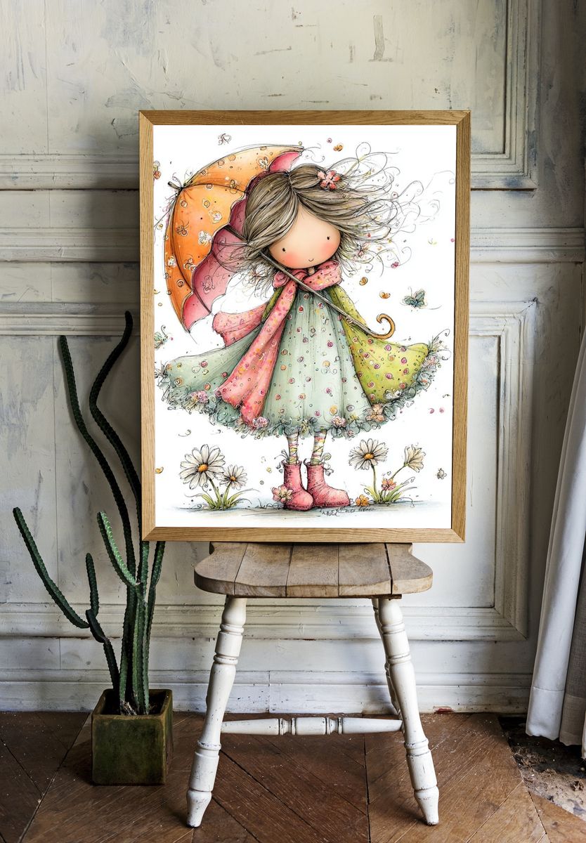 Whimsical Girl with Umbrella Print. room preview