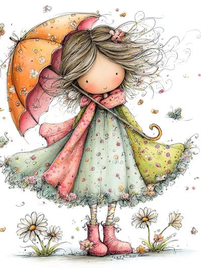 Whimsical Girl with Umbrella Print. poster