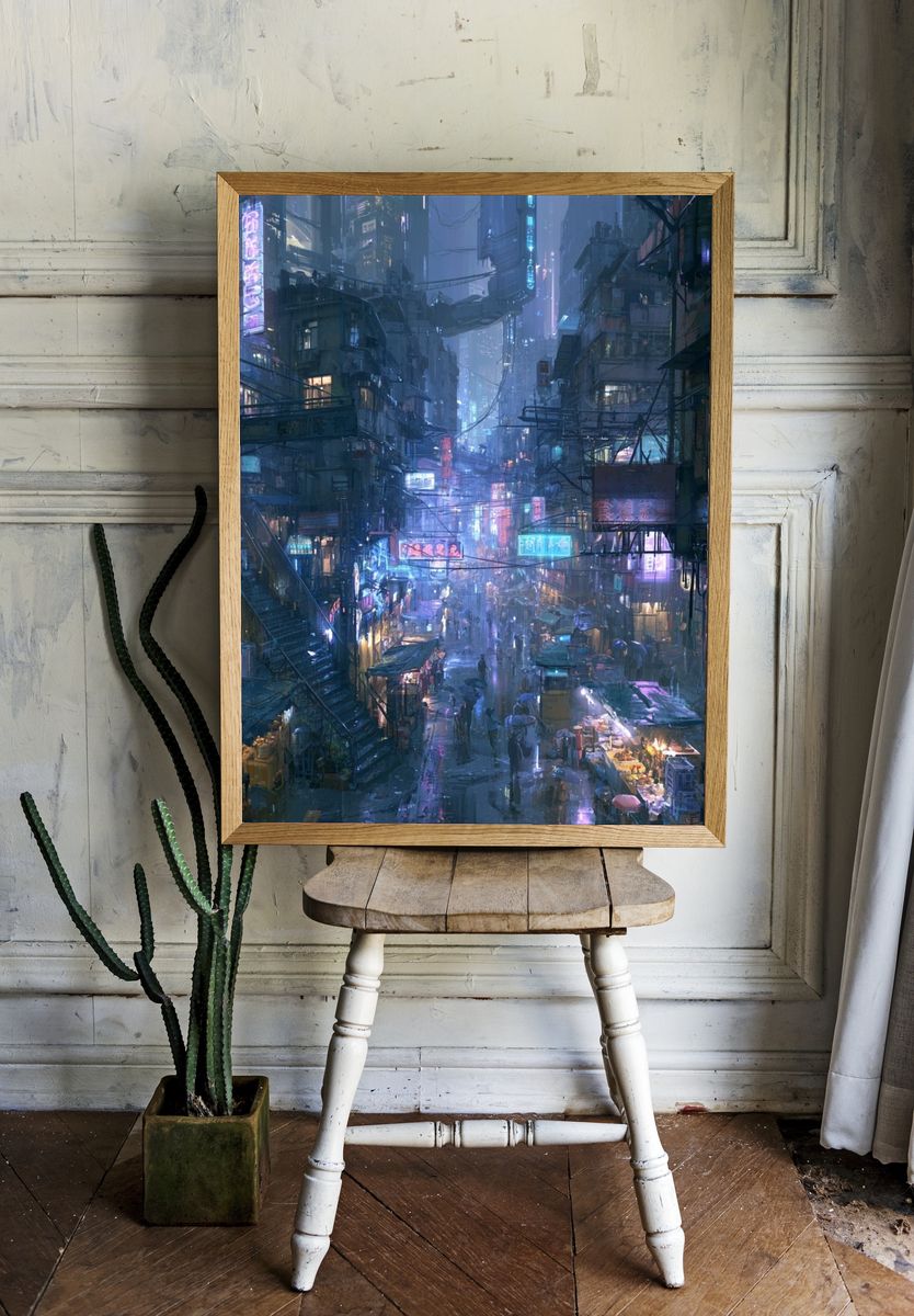 Neon Rain Cityscape Illustration Poster. — room view 1