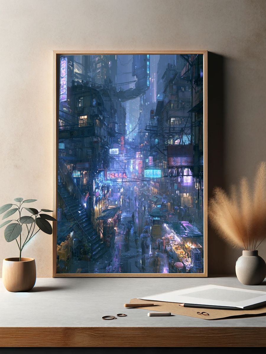 Neon Rain Cityscape Illustration Poster. — room view 2