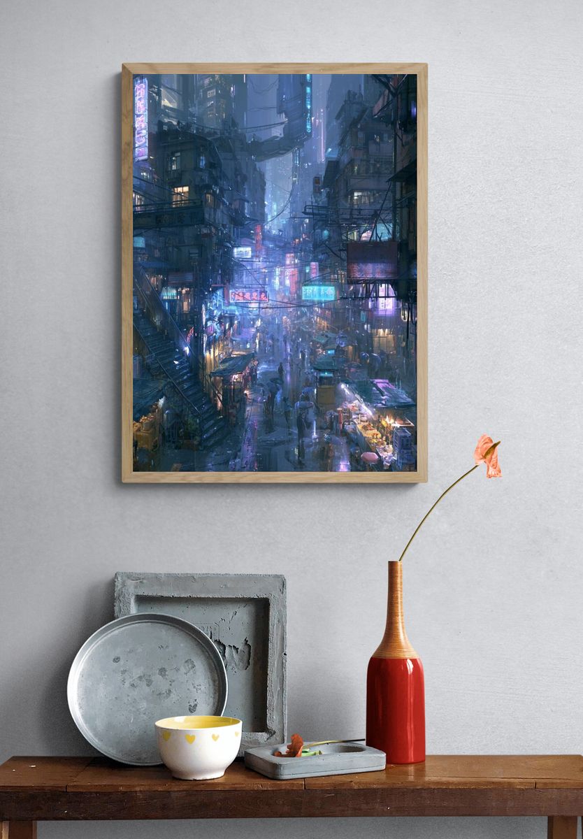 Neon Rain Cityscape Illustration Poster. — room view 3
