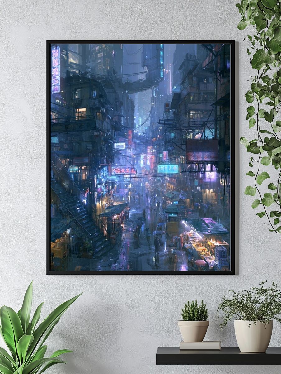 Neon Rain Cityscape Illustration Poster. — room view 4