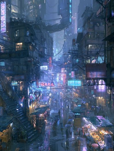 Neon Rain Cityscape Illustration Poster. poster