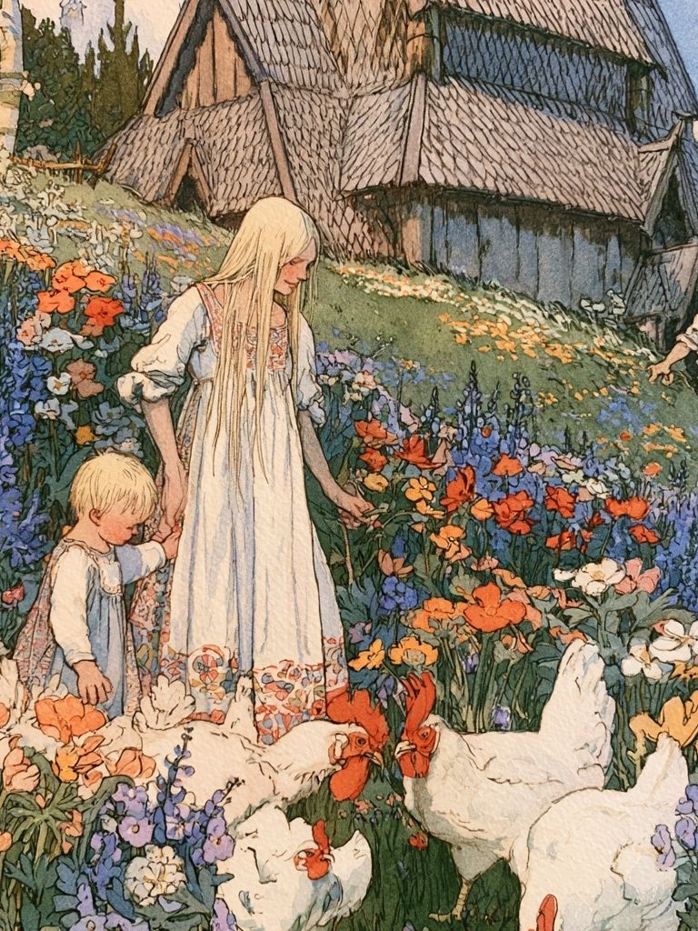 Flower Meadow Village Illustration Poster. poster — illustration art