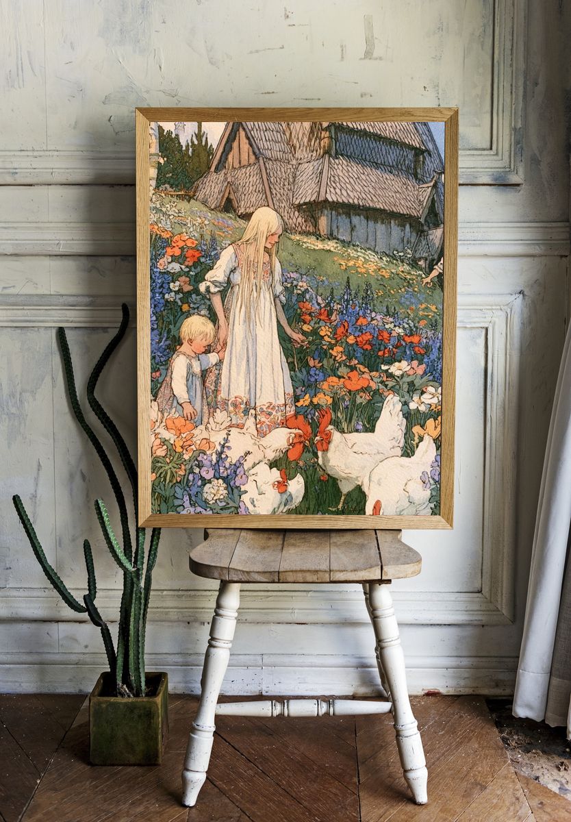 Flower Meadow Village Illustration Poster. — room view 1