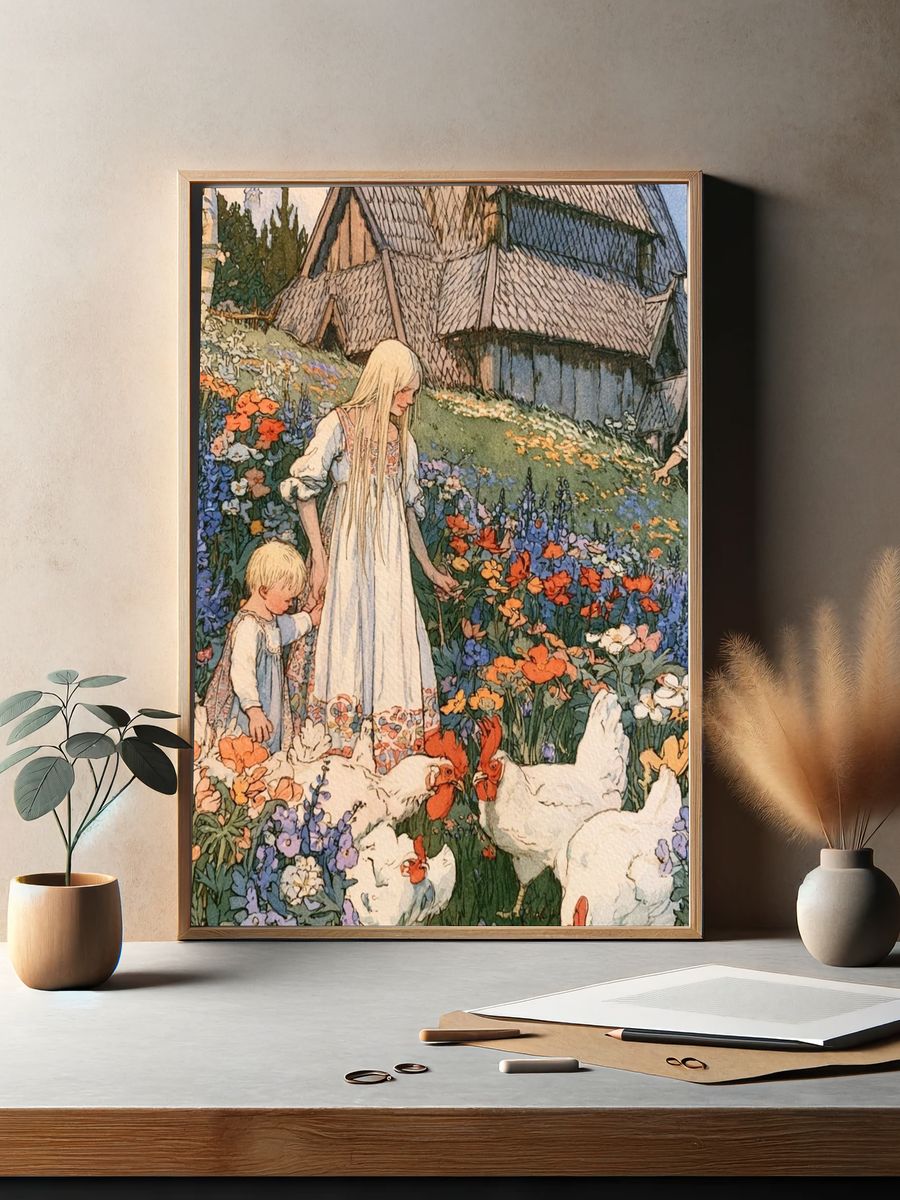 Flower Meadow Village Illustration Poster. — room view 2