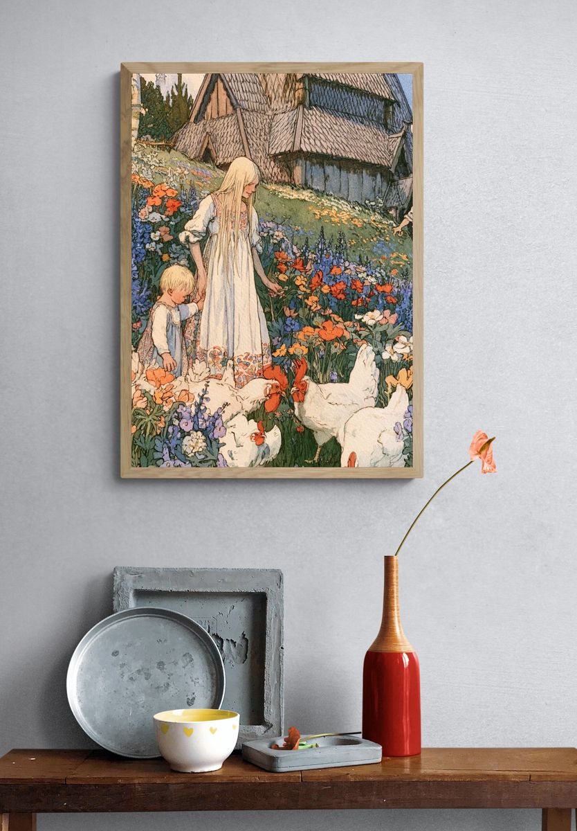 Flower Meadow Village Illustration Poster. — room view 3