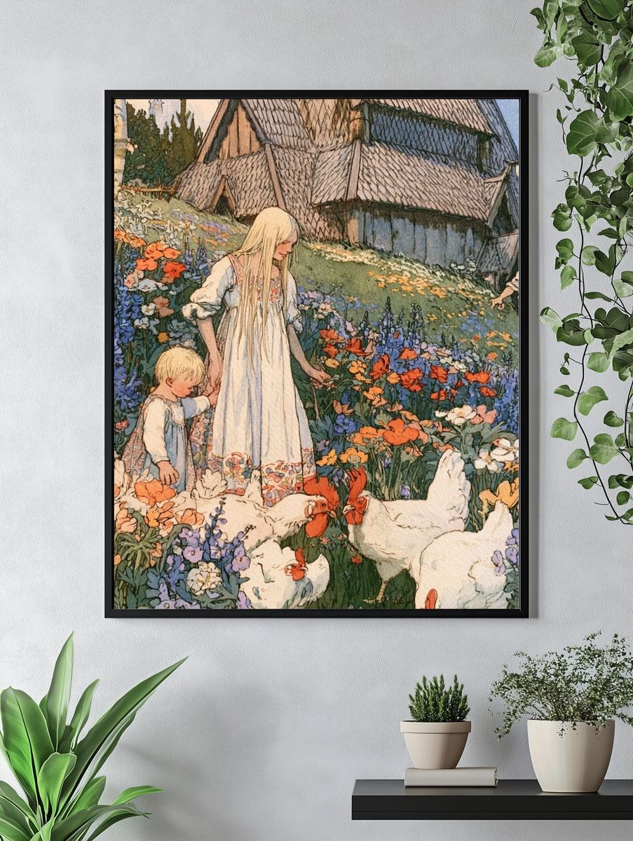 Flower Meadow Village Illustration Poster. — room view 4