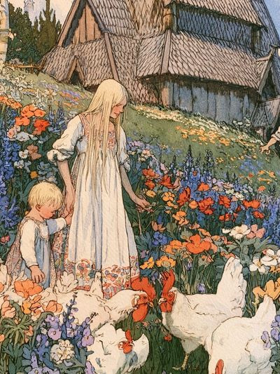Flower Meadow Village Illustration Poster. poster