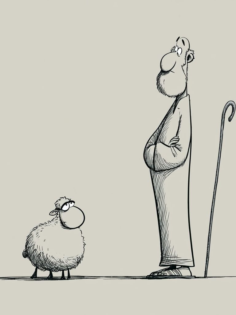Shepherd and Sheep Ink Print. poster — illustration art