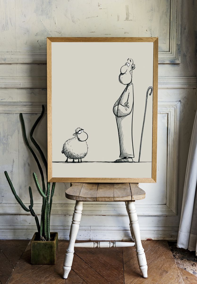 Shepherd and Sheep Ink Print. room preview