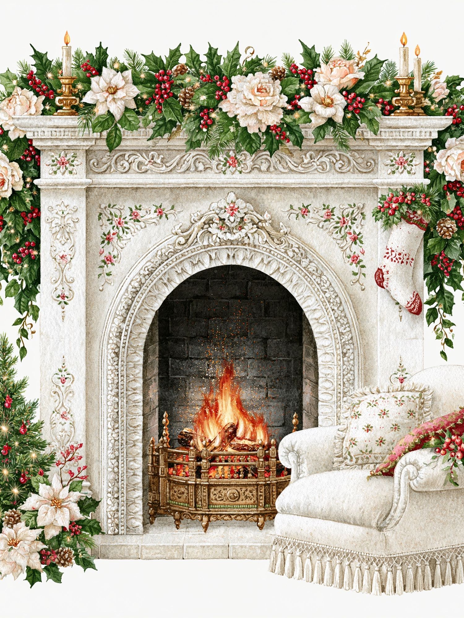 Christmas Fireplace Watercolor Print. poster — illustration art