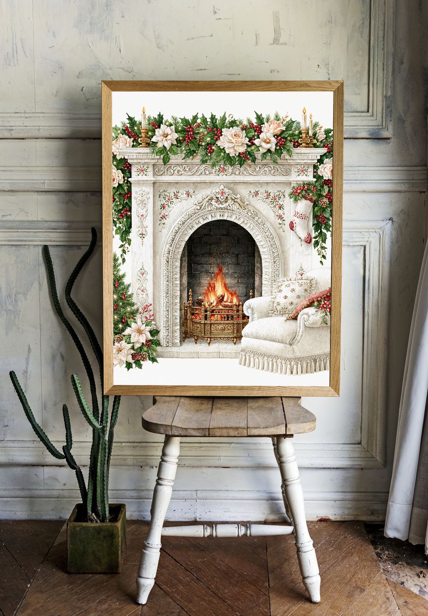 Christmas Fireplace Watercolor Print. — room view 1