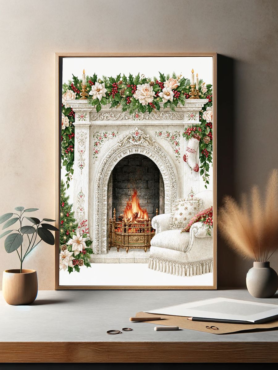 Christmas Fireplace Watercolor Print. — room view 2