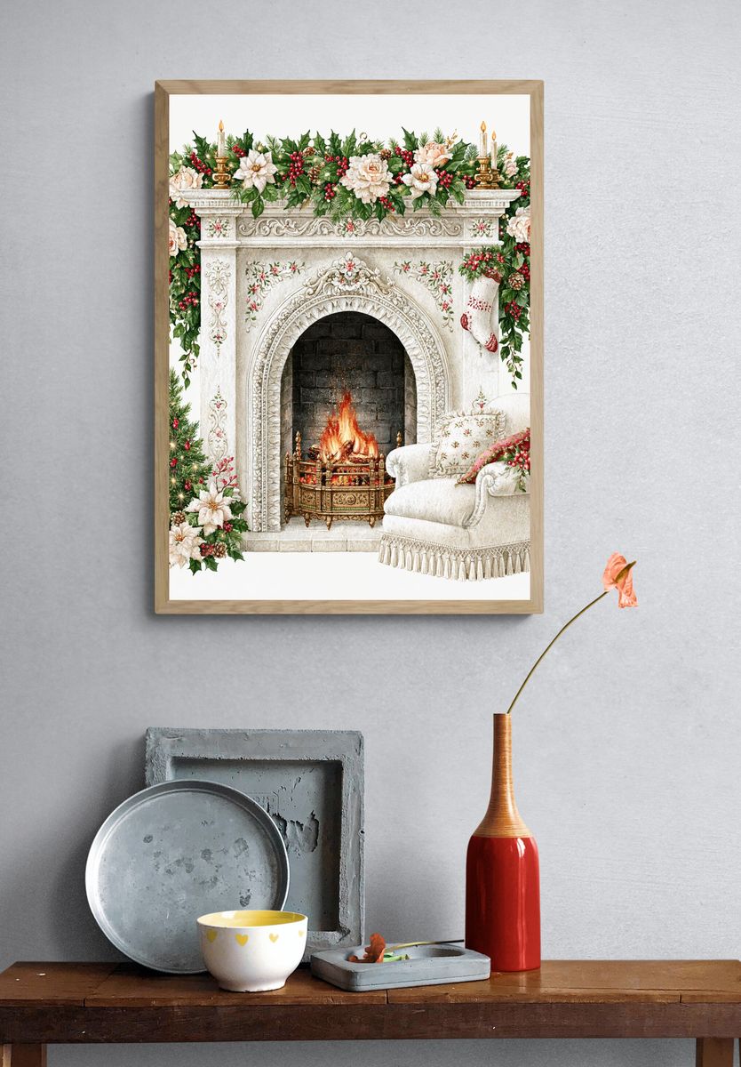Christmas Fireplace Watercolor Print. — room view 3