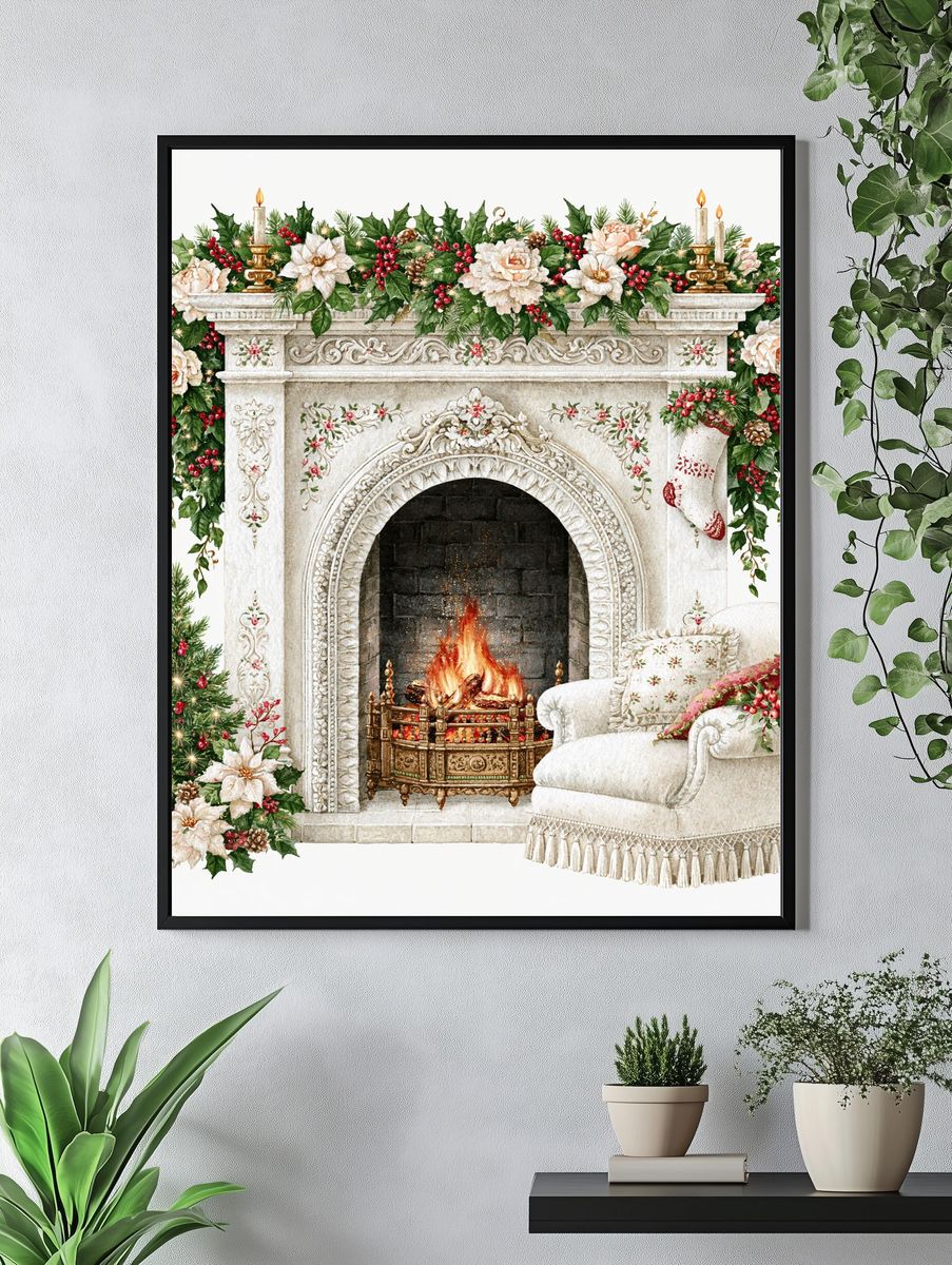 Christmas Fireplace Watercolor Print. — room view 4
