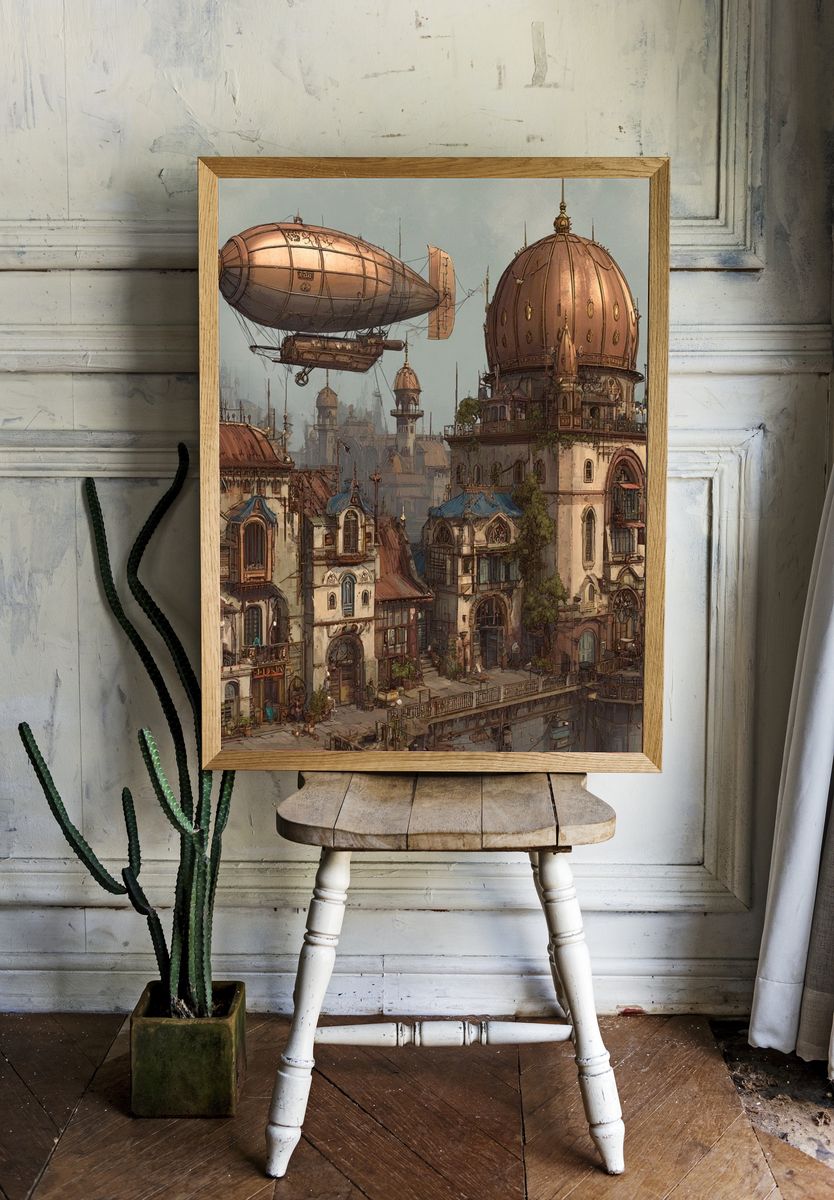 Steampunk Cityscape Illustration Poster. — room view 1