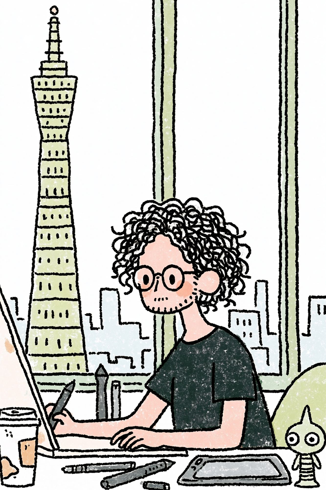Curly Artist in City Studio Print. poster detail