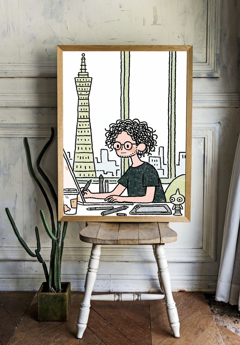 Curly Artist in City Studio Print. — room view 1
