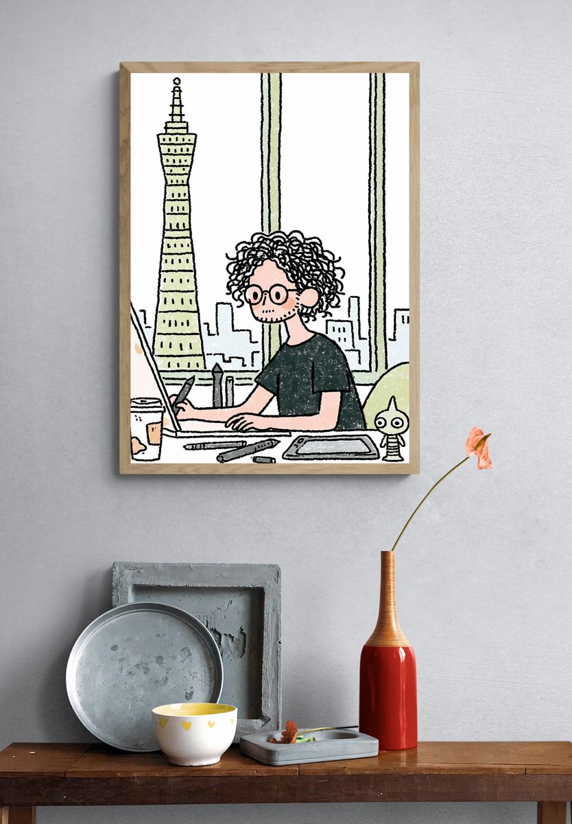 Curly Artist in City Studio Print. — room view 3