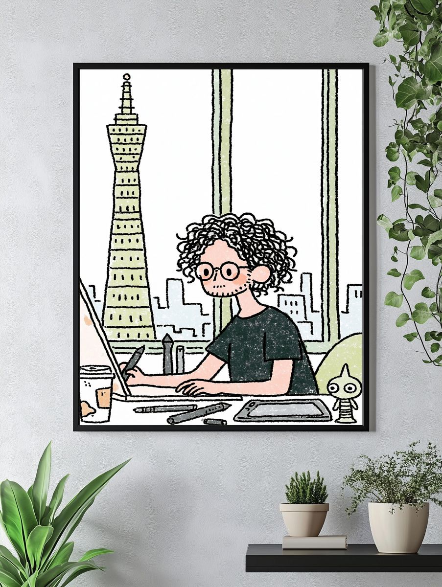 Curly Artist in City Studio Print. — room view 4