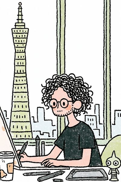 Curly Artist in City Studio Print. poster