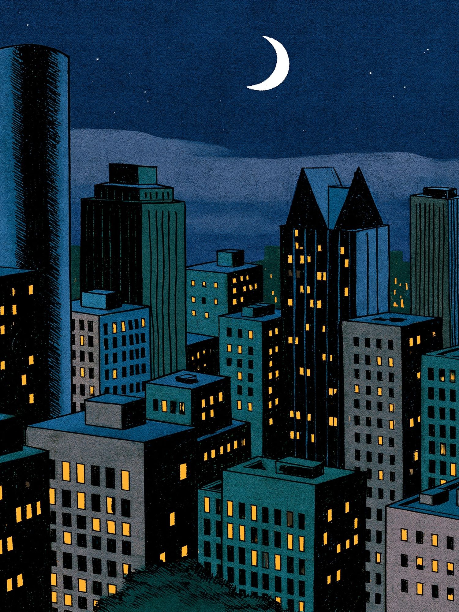 Moonlit City Skyline Illustration Poster. poster — illustration art