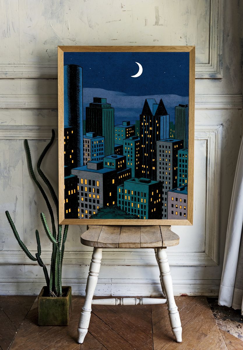 Moonlit City Skyline Illustration Poster. room preview