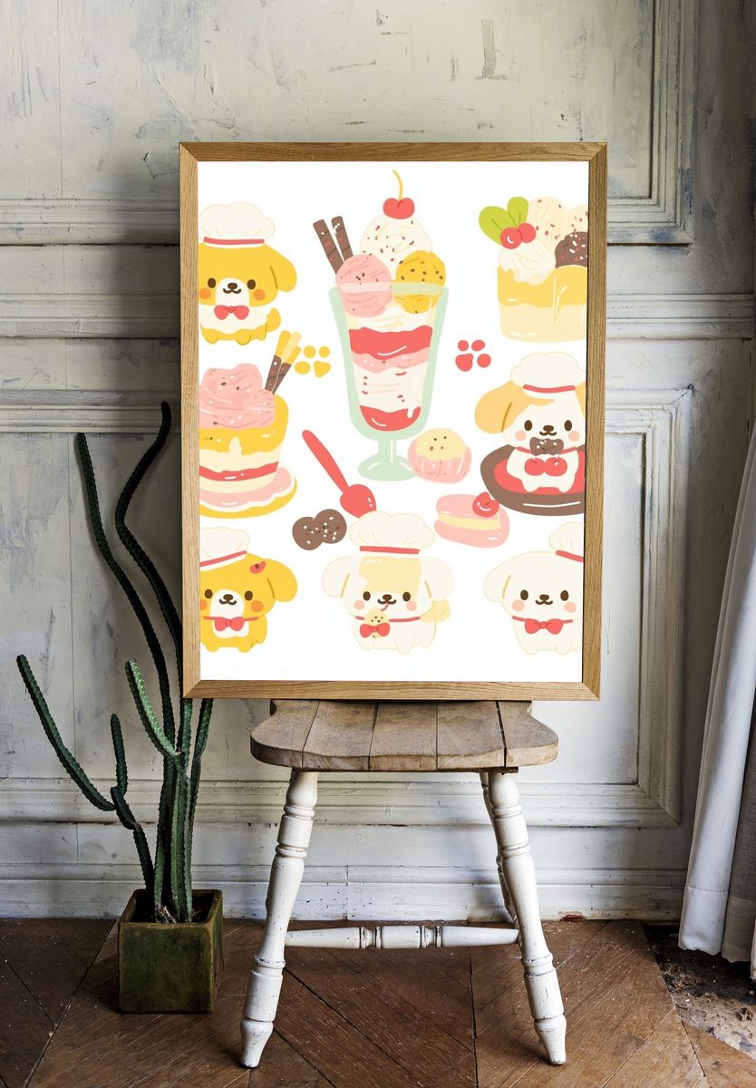 Kawaii Dessert Dogs Illustration Poster. — room view 1