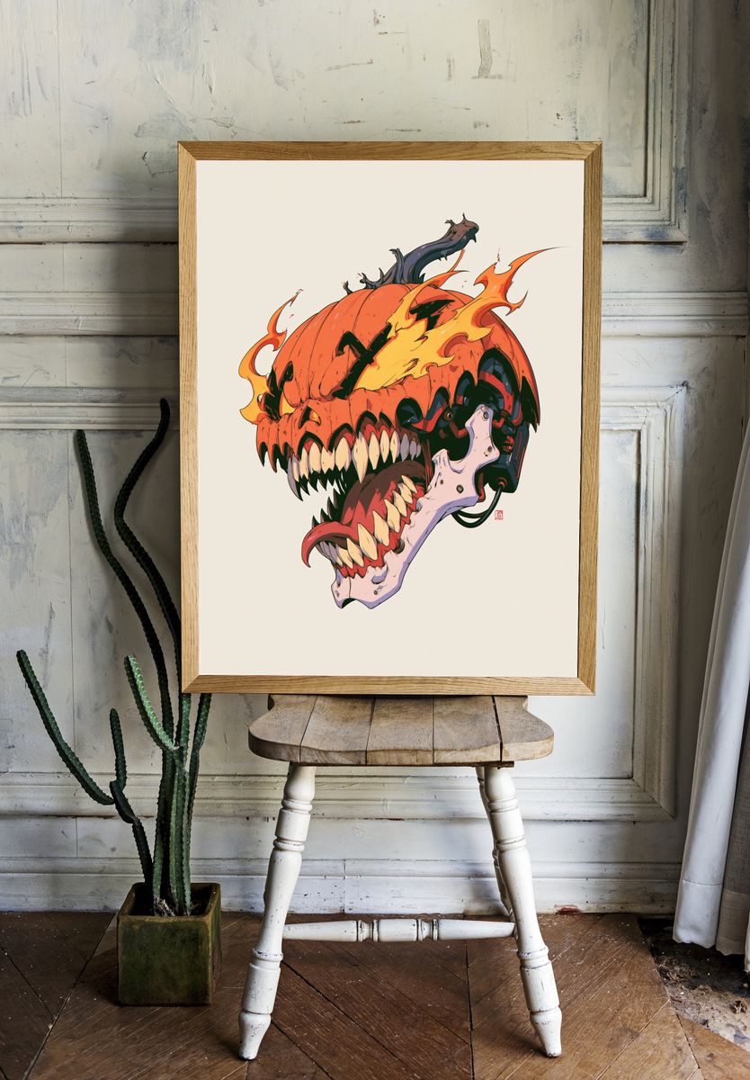 Chainsaw Pumpkin Horror Print. room preview