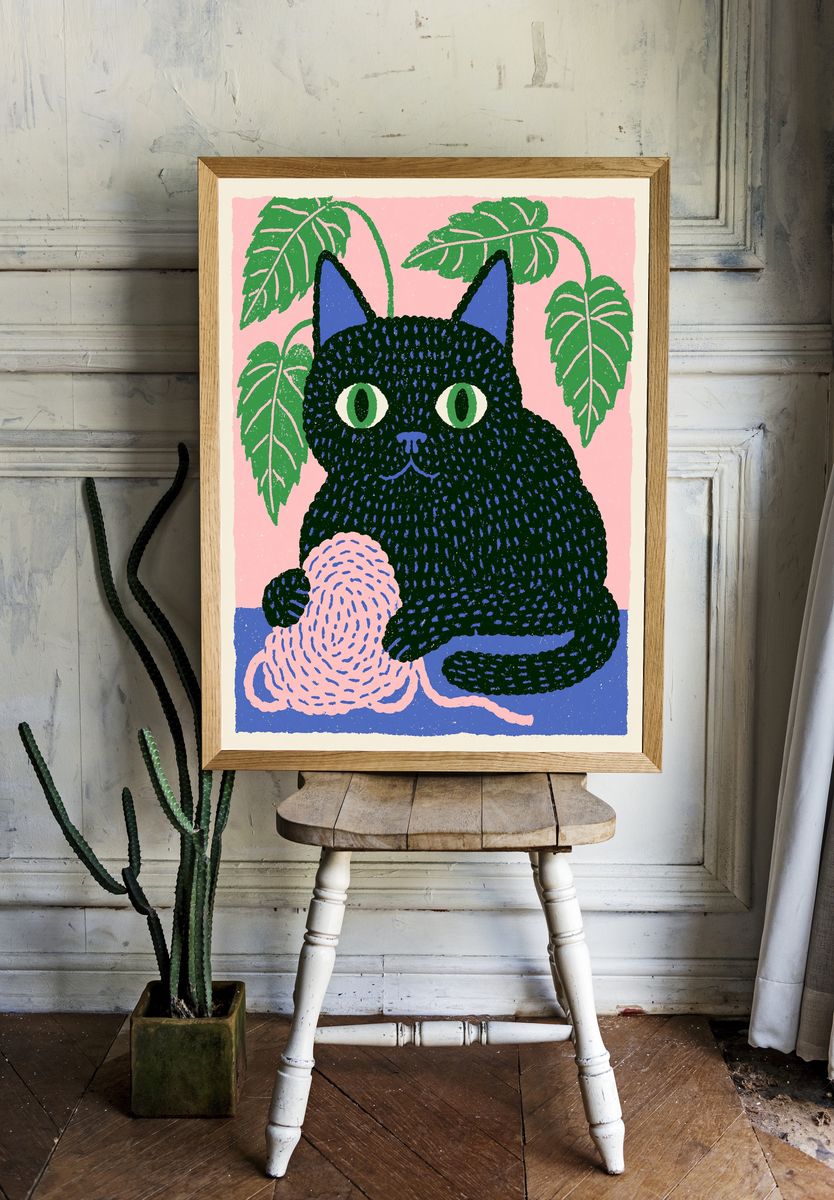 Black Cat with Plant Poster. — room view 1
