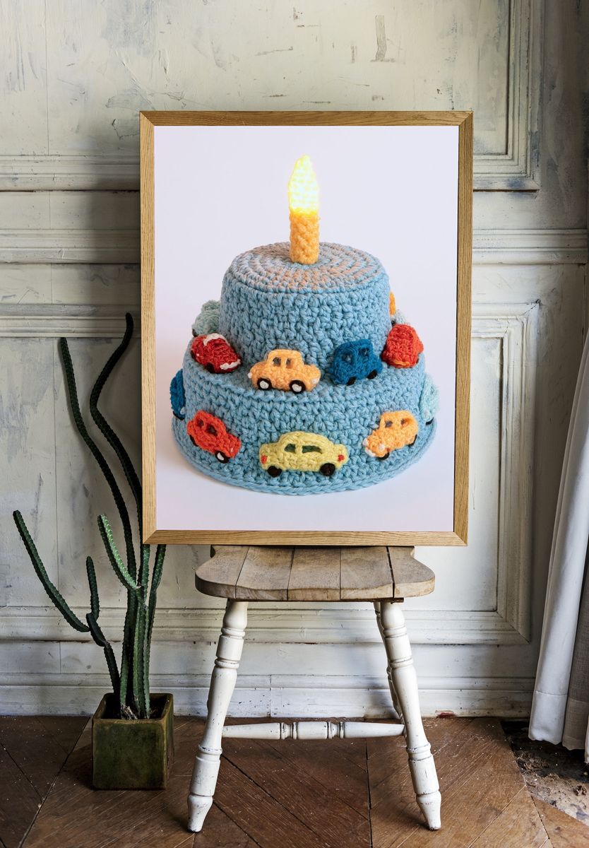Crocheted Birthday Cake Illustration Poster. — room view 1
