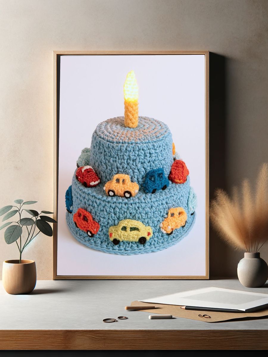 Crocheted Birthday Cake Illustration Poster. — room view 2
