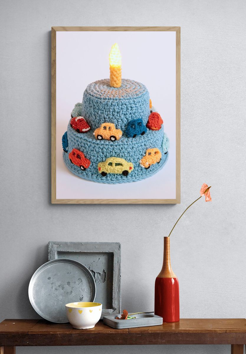 Crocheted Birthday Cake Illustration Poster. — room view 3
