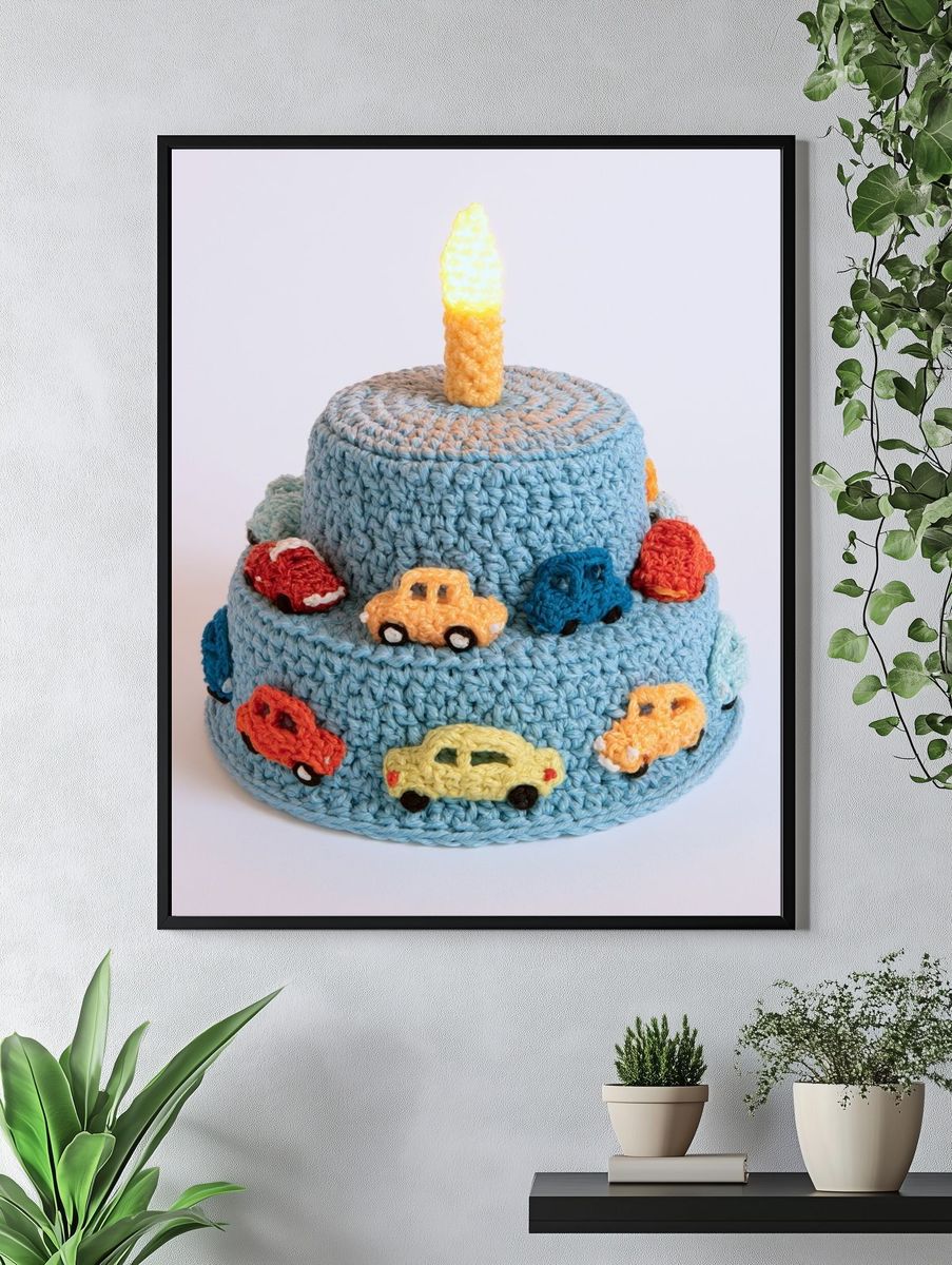 Crocheted Birthday Cake Illustration Poster. — room view 4
