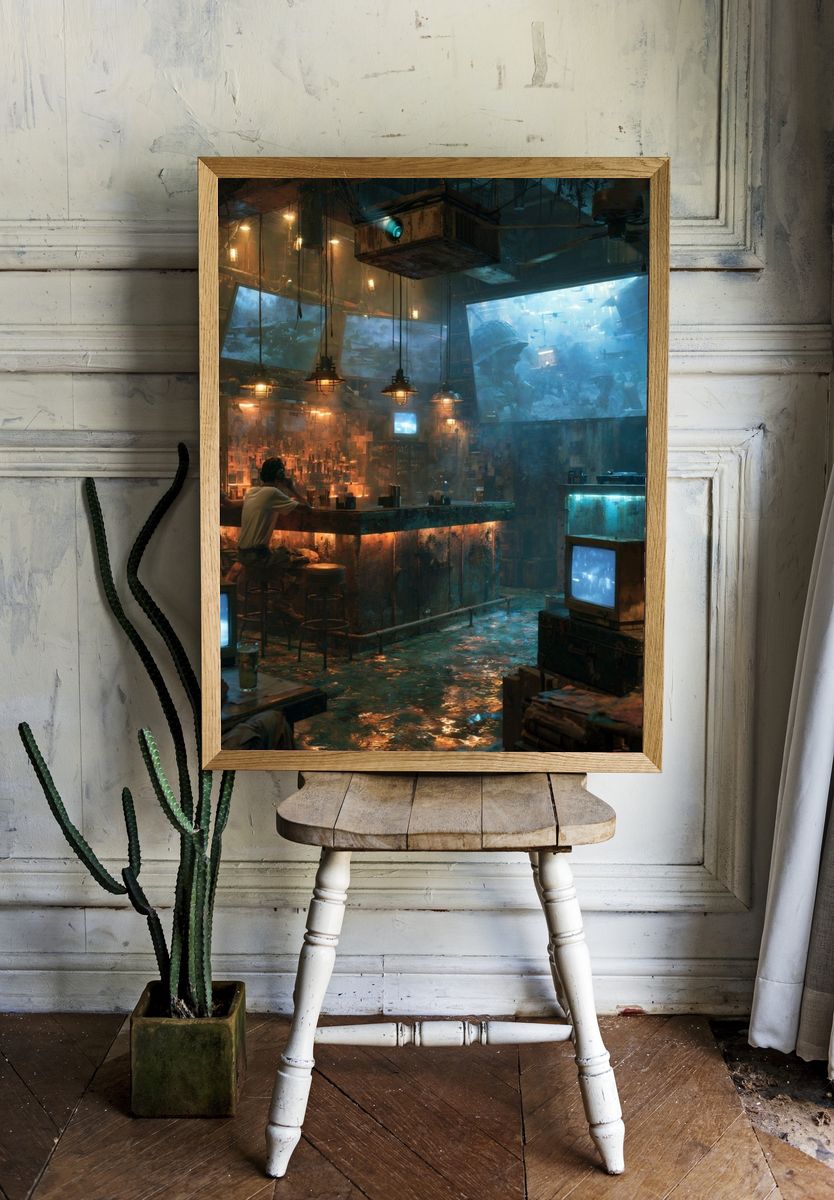 Cyberpunk Bar Interior Digital Art Print. — room view 1