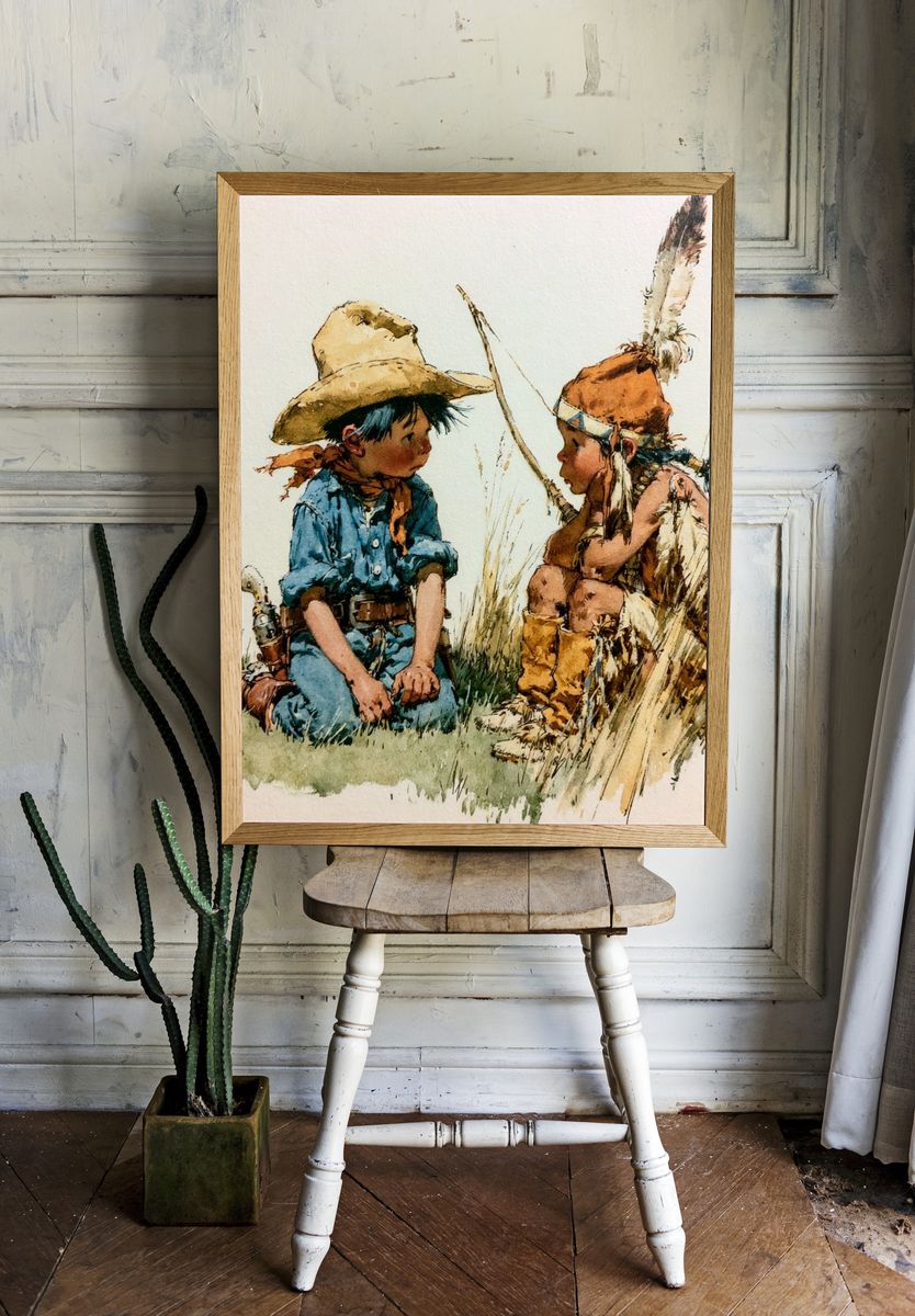 Cowboy Children Watercolor Print. room preview