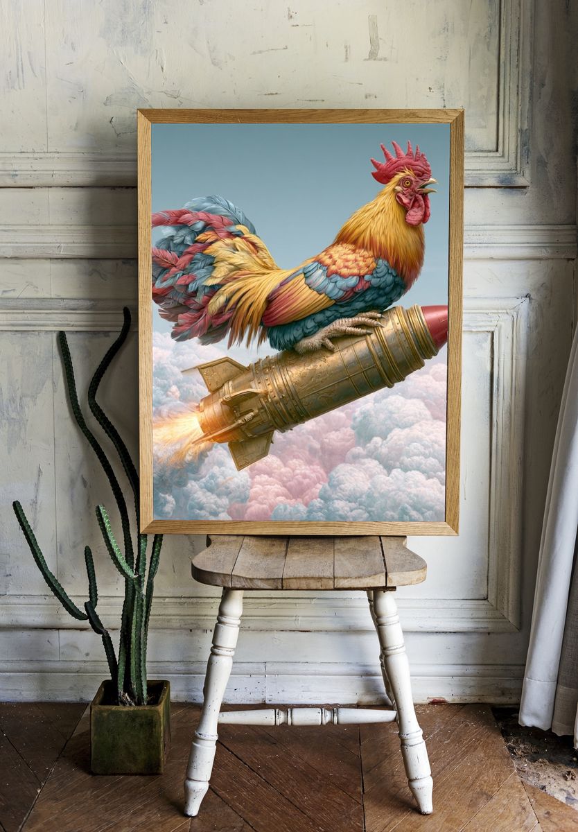 Rocket Rooster Surrealism Poster. — room view 1